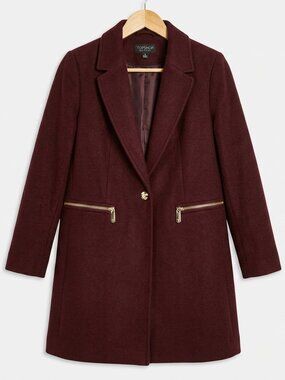 Topshop Petite Burgundy Brown Gold Zipper Pockets Wool Blend Coat - Size 10